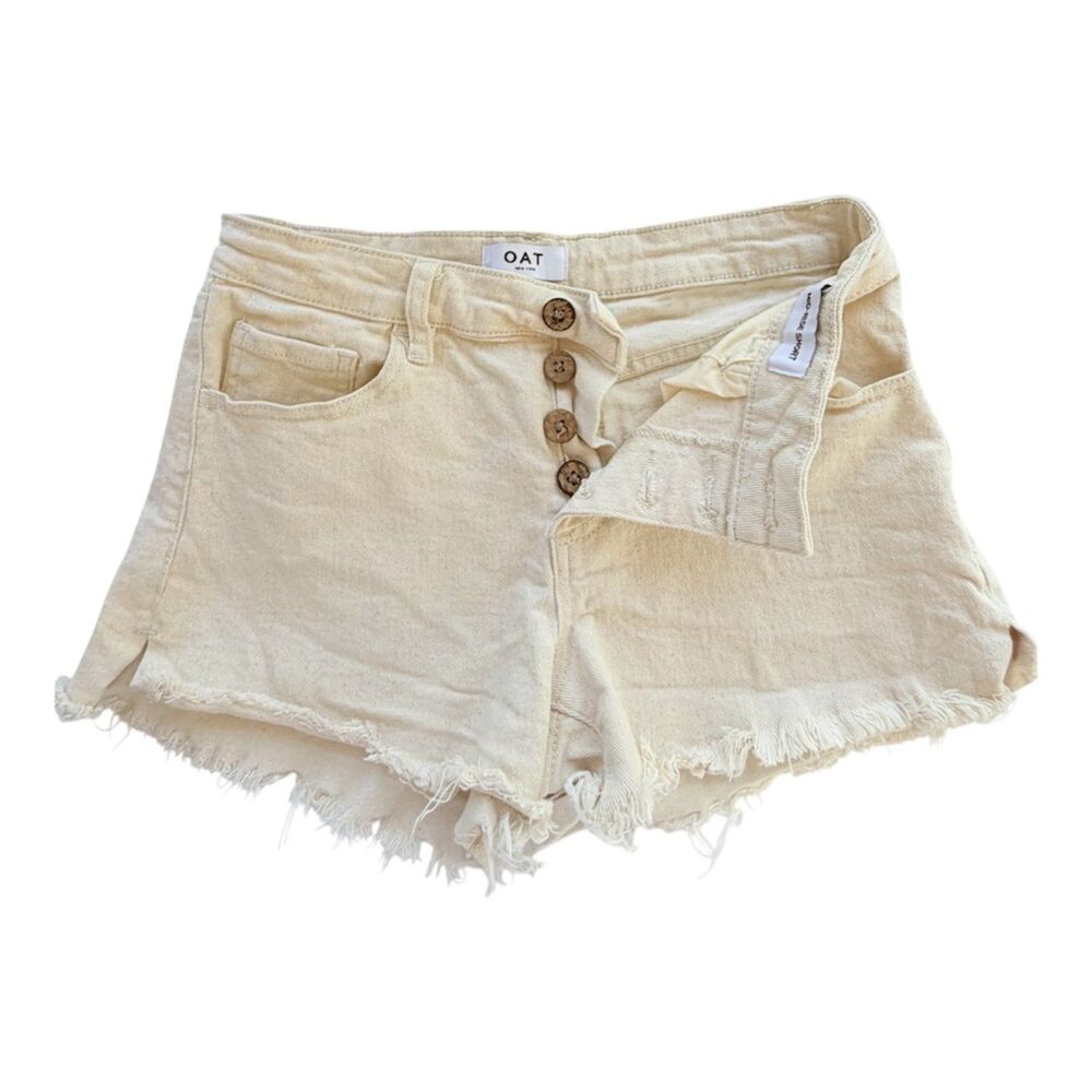 Oat New York Cream Button-Fly Distressed Denim Shorts - Size 27 / 4 - Picture 1 of 8